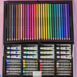 Kids' unicorn art set with markers, crayons, paints, and brushes. Portable art supplies for children, available at usmile.toys