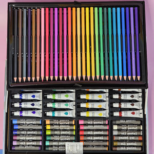 Kids' unicorn art set with markers, crayons, paints, and brushes. Portable art supplies for children, available at usmile.toys