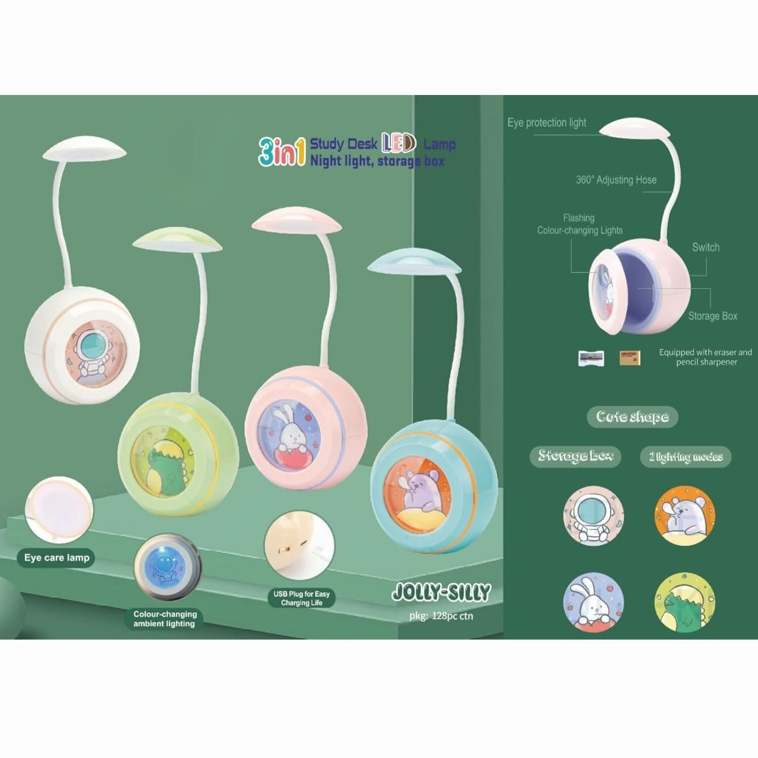 Colorful 3-in-1 multipurpose study desk lamps for kids, Jolly Silly collection, featuring astronaut, dinosaur, bunny, and hamster character designs, ideal for children's rooms." www.usmile.toys