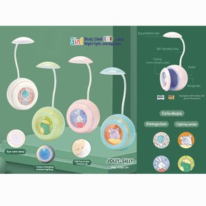Colorful 3-in-1 multipurpose study desk lamps for kids, Jolly Silly collection, featuring astronaut, dinosaur, bunny, and hamster character designs, ideal for children's rooms." www.usmile.toys