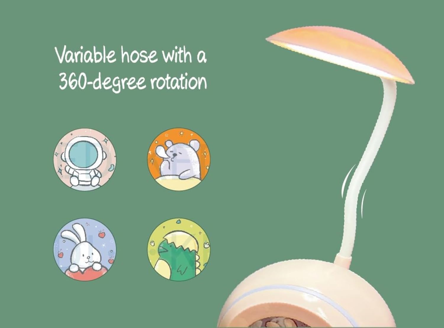 U Smile Toys Multipurpose Study Desk Lamp for Kids - 3 in 1 Jolly Silly series, set of four portable LED lamps in white, green, pink, and blue, each with a unique cartoon character (astronaut, dinosaur, rabbit, hamster), perfect for reading, studying, and night light. www.usmile.toys