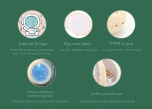 Set of four modern kids' desk lamps, 3-in-1 design, Jolly Silly theme, featuring adjustable neck and round base with fun animal graphics, great for children's study areas." www.usmile.toys