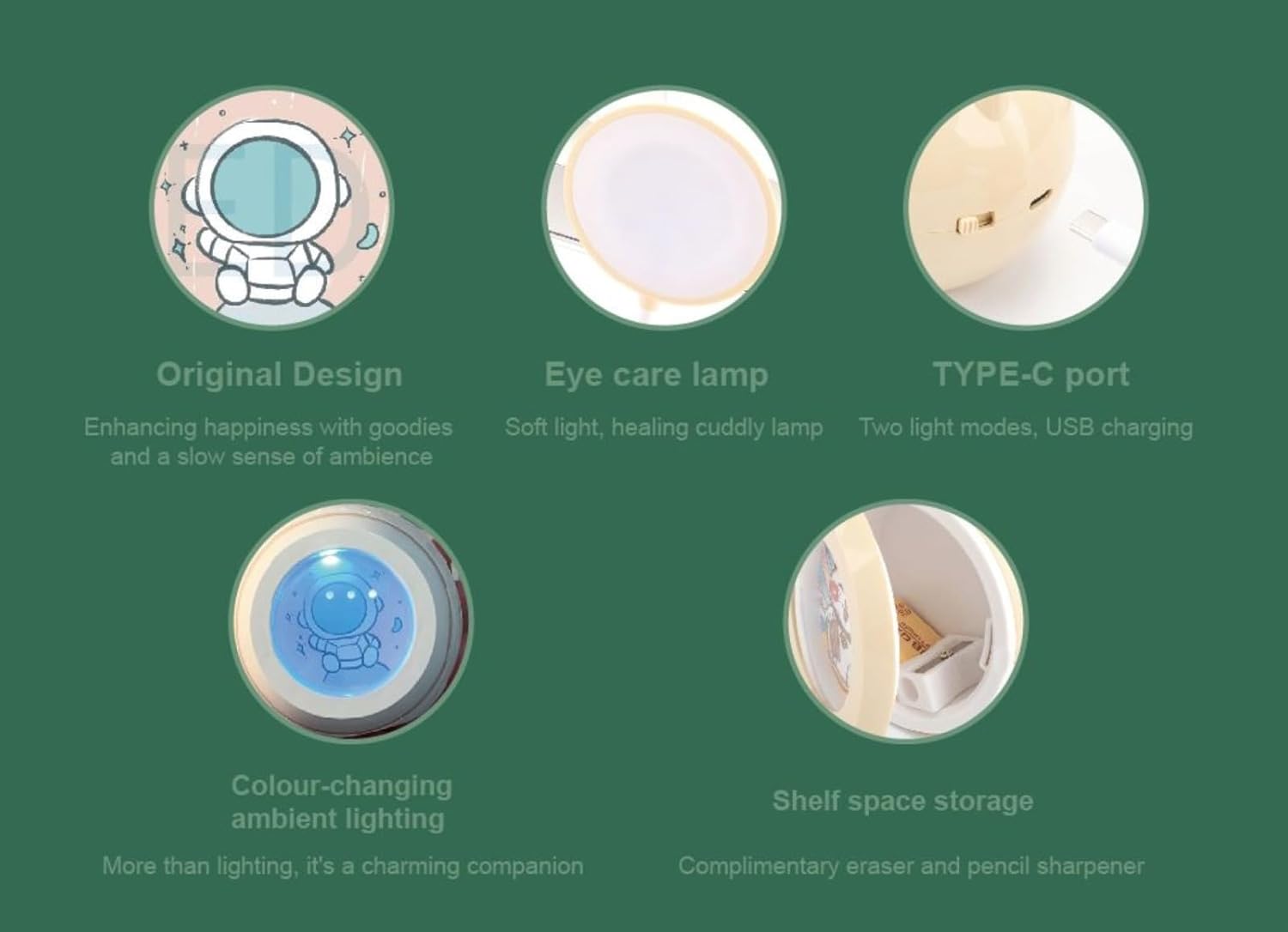 Set of four modern kids' desk lamps, 3-in-1 design, Jolly Silly theme, featuring adjustable neck and round base with fun animal graphics, great for children's study areas." www.usmile.toys