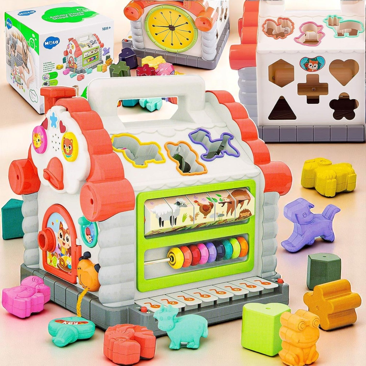 Colorful musical learning house for toddlers featuring lights, animal sounds, shape sorters, and abacus for early childhood development by Usmile Toys.