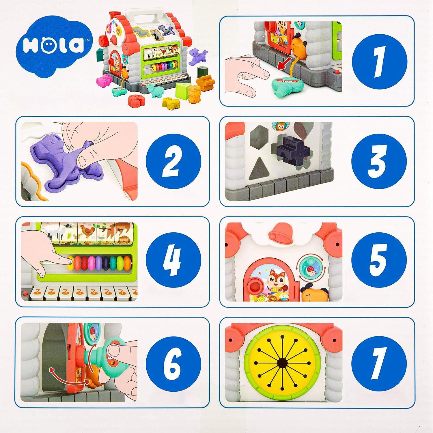 Colorful musical learning house for toddlers featuring lights, animal sounds, shape sorters, and abacus for early childhood development by Usmile Toys." www.usmile.toys
