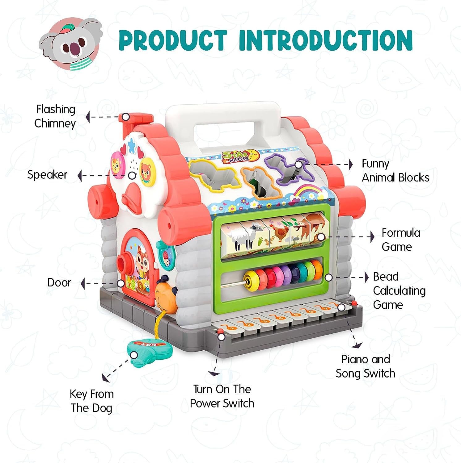 Colorful musical learning house for toddlers featuring lights, animal sounds, shape sorters, and abacus for early childhood development by Usmile Toys." www.usmile.toys