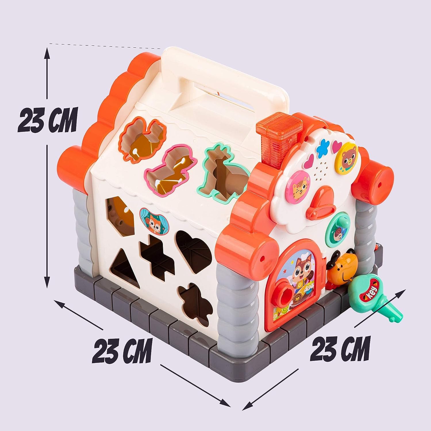 Colorful musical learning house for toddlers featuring lights, animal sounds, shape sorters, and abacus for early childhood development by Usmile Toys." www.usmile.toys