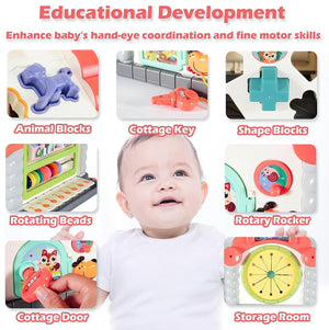 Interactive toddler learning house with light-up buttons, melodies, animal figures, and shape-sorting activities, promoting fine motor skills and cognitive growth from Usmile Toys." www.usmile.toys