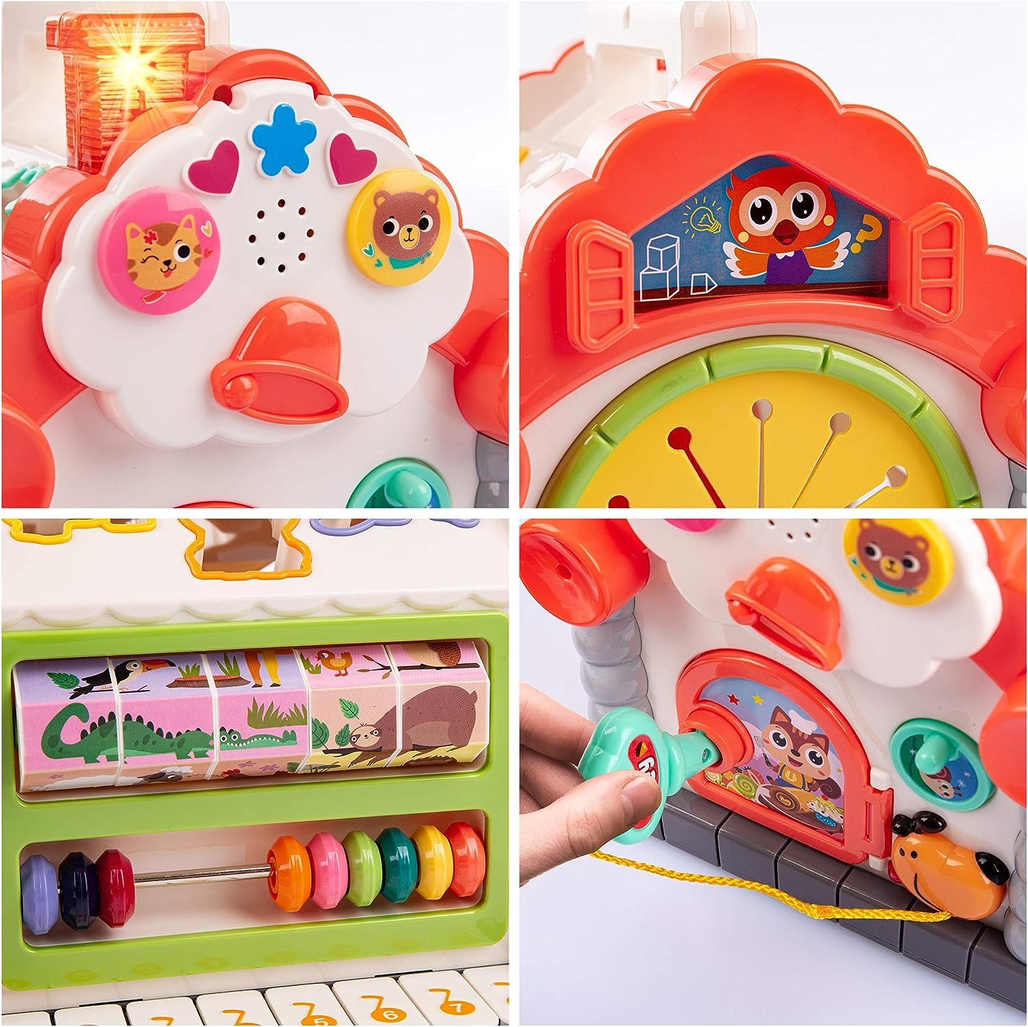 Interactive toddler learning house with light-up buttons, melodies, animal figures, and shape-sorting activities, promoting fine motor skills and cognitive growth from Usmile Toys." www.usmile.toys
