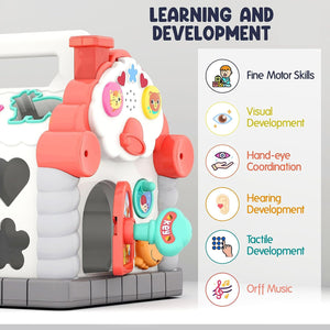 Usmile Toys educational musical activity house for 1-3 year olds, includes sound effects, light-up features, shape-matching games, and an abacus for comprehensive learning and play."www.usmile.toys