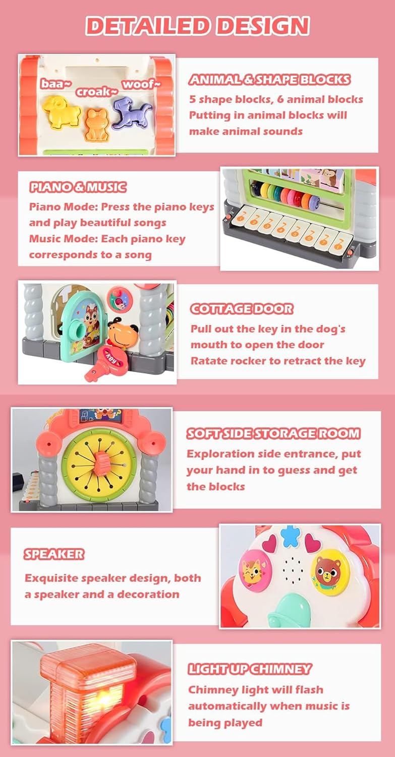 Usmile Toys educational musical activity house for 1-3 year olds, includes sound effects, light-up features, shape-matching games, and an abacus for comprehensive learning and play."