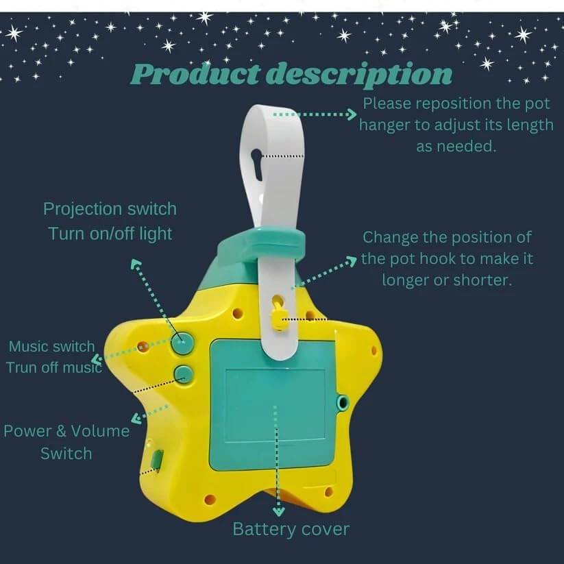 Baby night light star projector in yellow and teal, designed to comfort newborn babies to sleep. www.usmile.toys