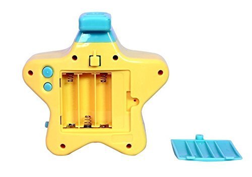 Yellow star-shaped sleeping star projector for newborn babies, features baby on moon decal. www.usmile.toys