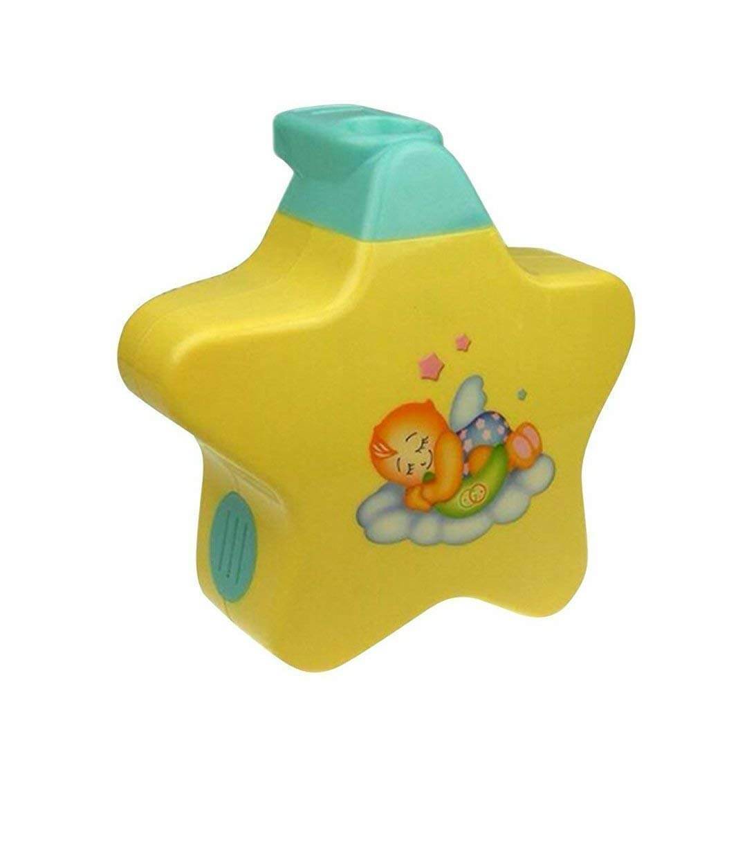 Baby night light star projector in yellow and teal, designed to comfort newborn babies to sleep. www.usmile.toys 