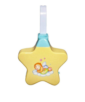Yellow star-shaped sleeping star projector for newborn babies, features baby on moon decal. www.usmile.toys