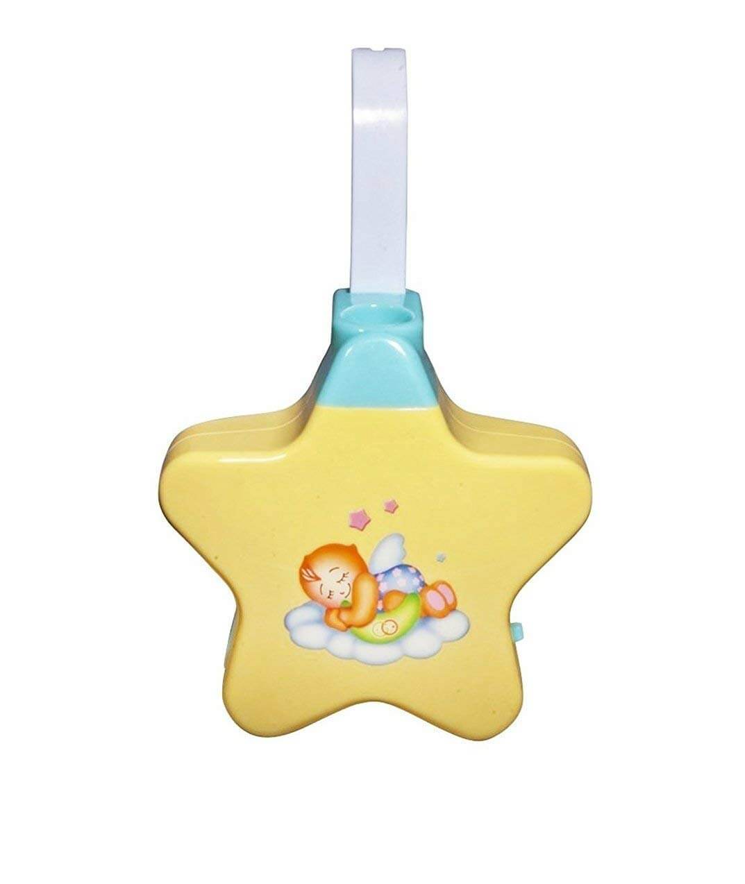 Yellow star-shaped sleeping star projector for newborn babies, features baby on moon decal. www.usmile.toys