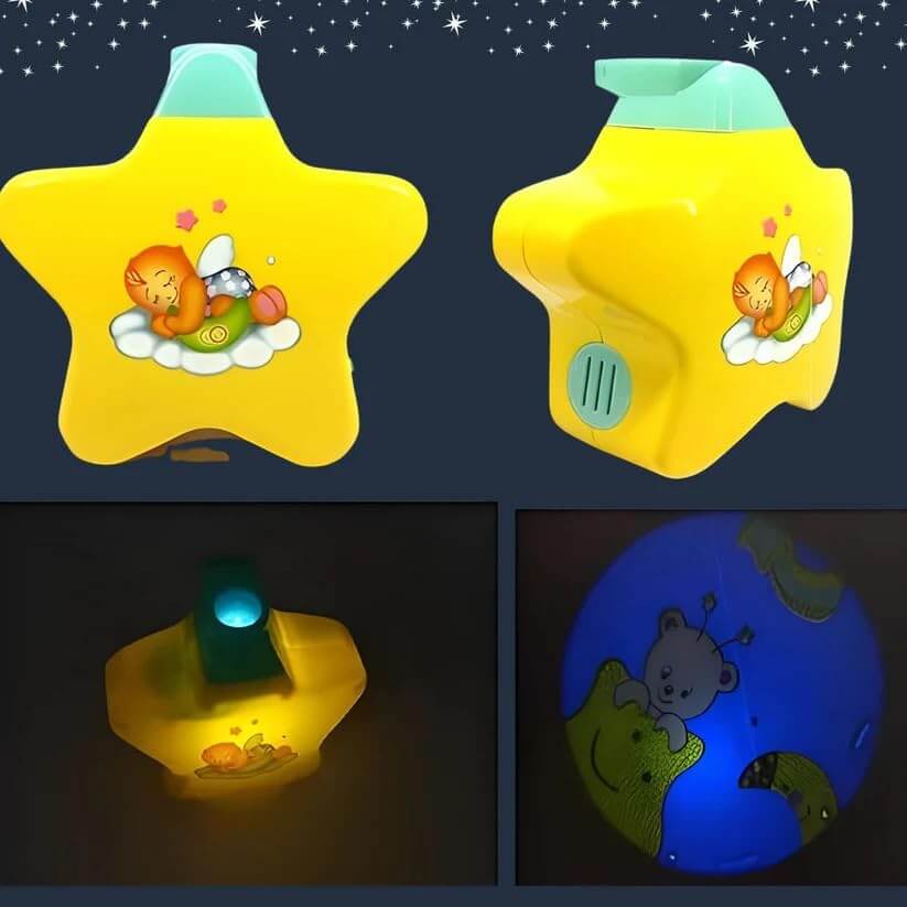 Yellow star-shaped sleeping star projector for newborn babies, features baby on moon decal. www.usmile.toys