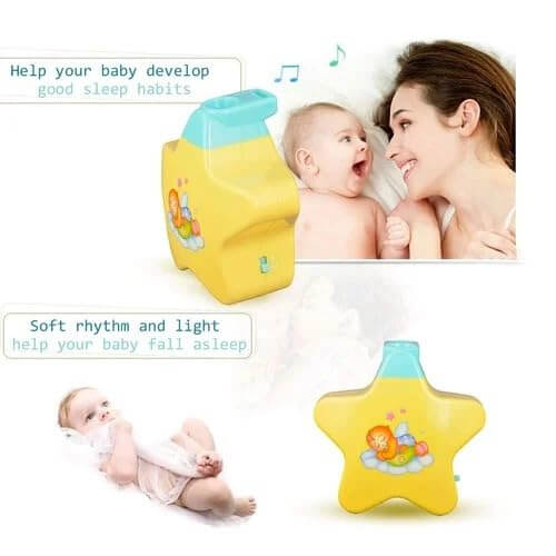 Baby night light star projector in yellow and teal, designed to comfort newborn babies to sleep. www.usmile.toys