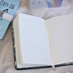 Four colorful pocket-sized diaries with unicorn illustrations, including a light blue diary that reads 'TIME TO BE A UNICORN', each with a clasp lock." www.usmile.toys