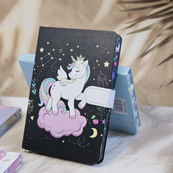 Set of four small unicorn-themed notebook diaries for kids, each with a lock, displayed on a textured surface." www.usmile.toys