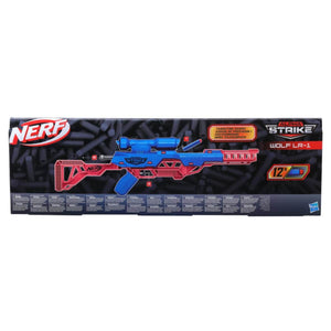 Nerf gun packaging with red and blue design on a black background
