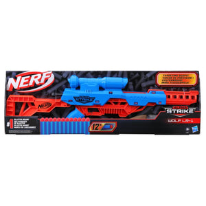 Nerf toy blaster packaging with blue and red colors on a white background