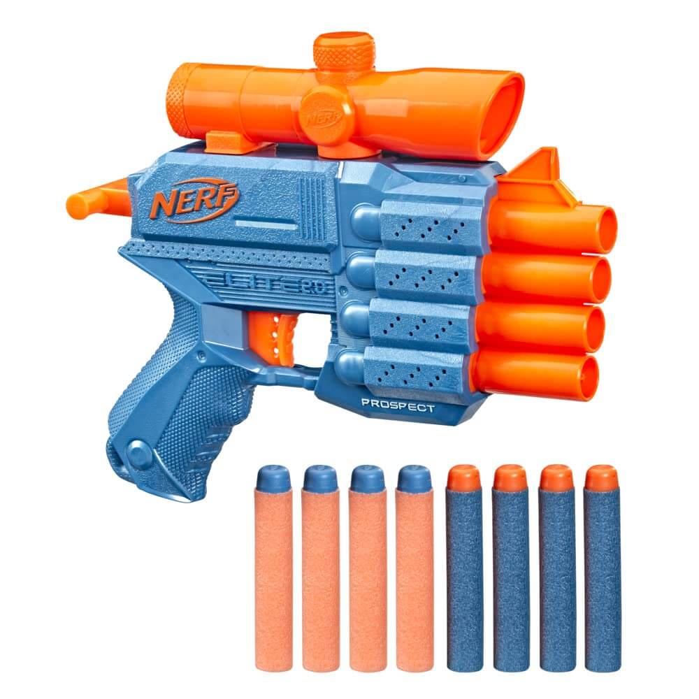 Nerf Elite 2.0 Prospect QS-4 Blaster, a blue and orange dart blaster featuring a quad barrel, attached scope, and comes with 8 official Nerf Elite foam darts for exciting play www.usmile.toys