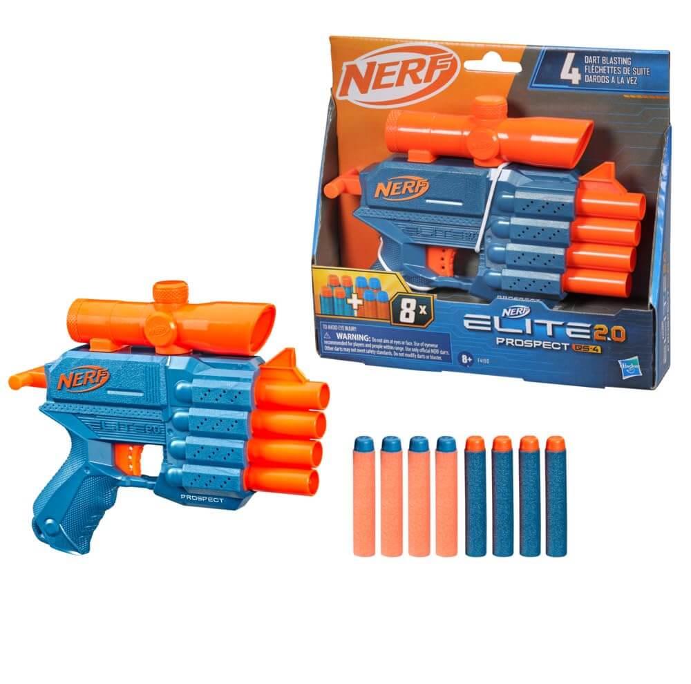 Nerf Elite 2.0 Prospect QS-4 Blaster, a blue and orange dart blaster featuring a quad barrel, attached scope, and comes with 8 official Nerf Elite foam darts for exciting play www.usmile.toys 