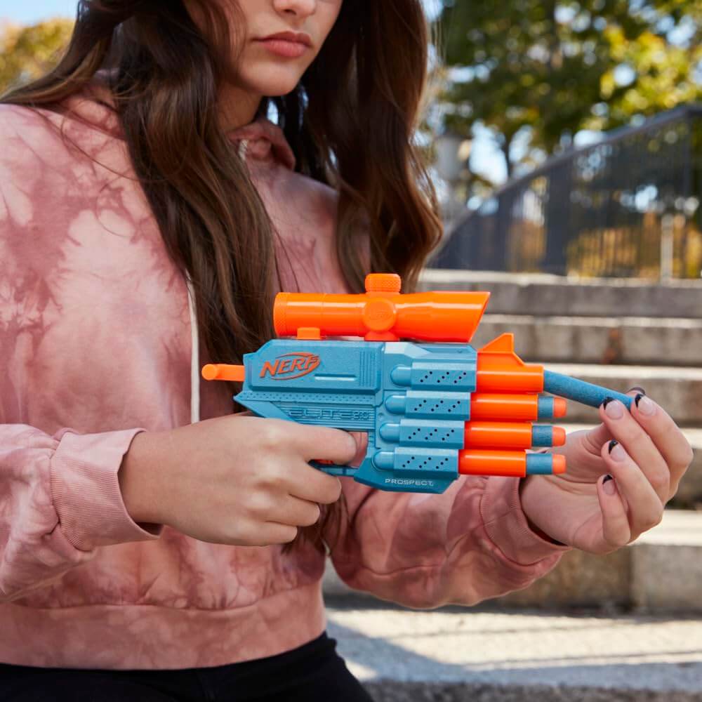 Kids' Nerf blaster toy for active play, the Elite 2.0 Prospect QS-4, complete with darts for target practice. www.usmile.toys