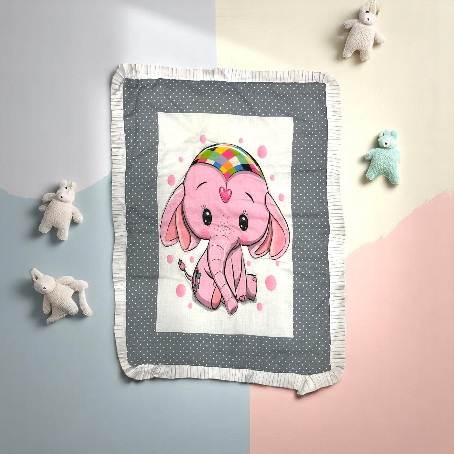 Usmile Toys New Born Baby Godadi, a grey baby bedding mat with a cute cartoon elephant holding a yellow polka-dot umbrella, surrounded by butterflies and clouds. This soft and comforting baby mat is part of an assorted 5-piece bedding set, perfect for infants and toddlers.
