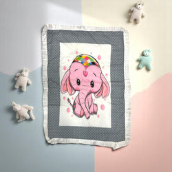 Usmile Toys New Born Baby Godadi, a grey baby bedding mat with a cute cartoon elephant holding a yellow polka-dot umbrella, surrounded by butterflies and clouds. This soft and comforting baby mat is part of an assorted 5-piece bedding set, perfect for infants and toddlers." www.usmile.toys