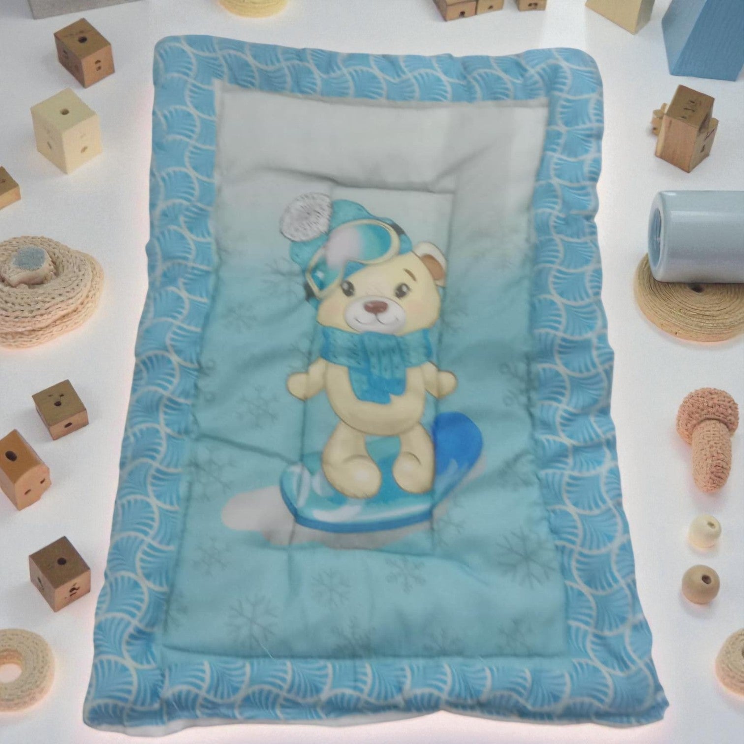 "Variety pack of five handmade baby godadi (quilts) with colorful cartoon prints including animals, rabbits, and a cow, ideal for newborns and tummy time." www.usmile.toys