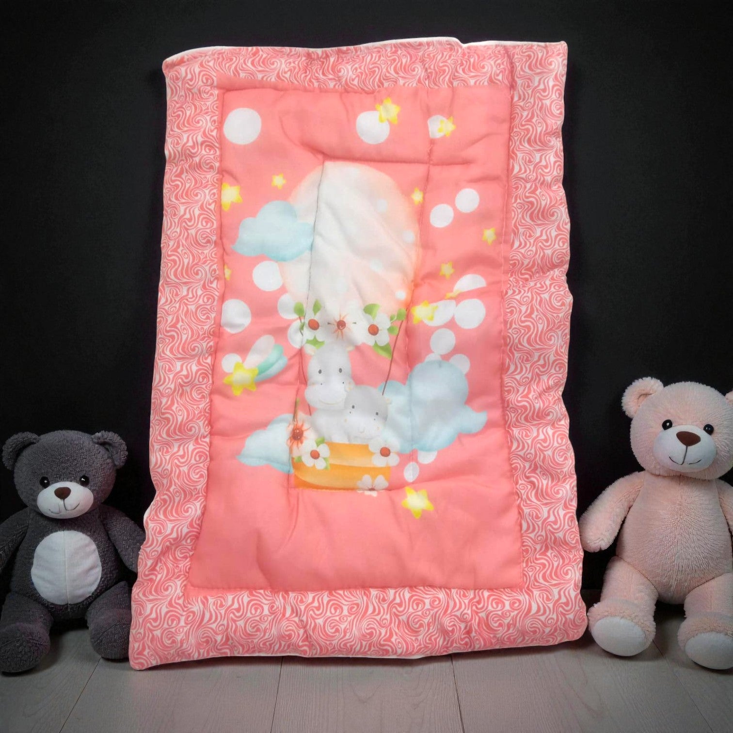 "Variety pack of five handmade baby godadi (quilts) with colorful cartoon prints including animals, rabbits, and a cow, ideal for newborns and tummy time." www.usmile.toys