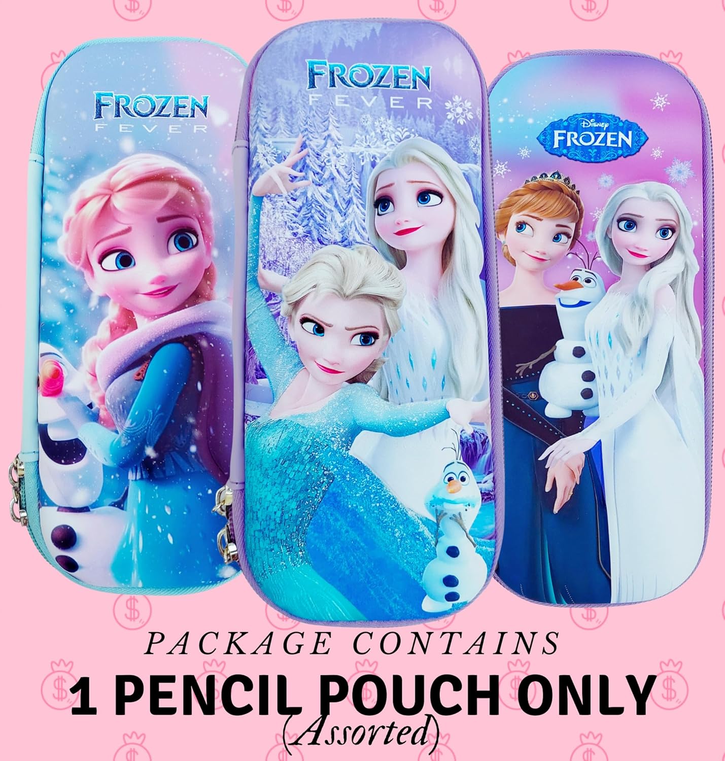Stylish Frozen themed pencil box pouch for kids, a premium single chain stationery organizer featuring Elsa, Anna, and Olaf, available in www.usmile.toys