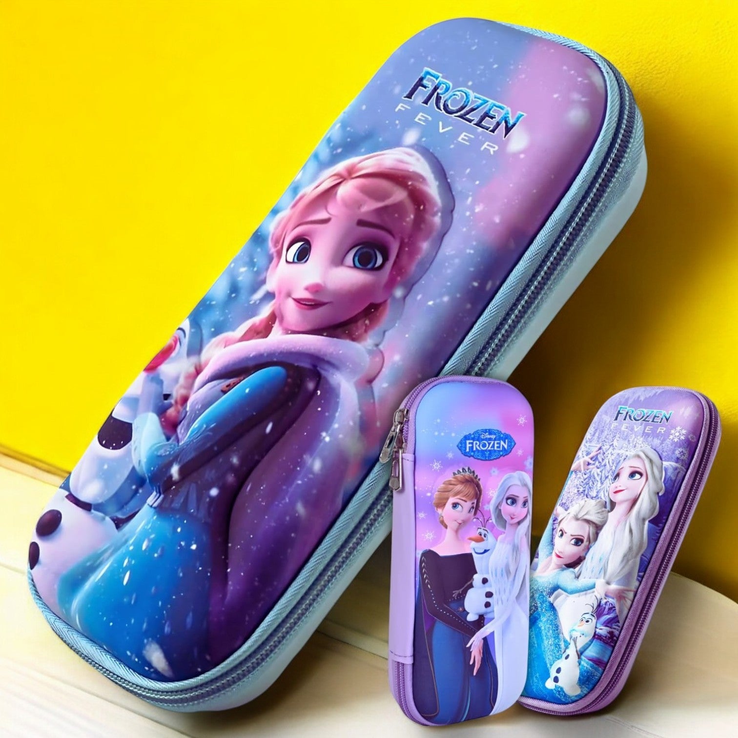 Stylish Frozen themed pencil box pouch for kids, a premium single chain stationery organizer featuring Elsa, Anna, and Olaf, available in www.usmile.toys