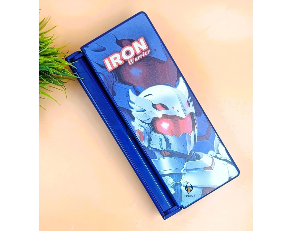 Pencil case featuring a robot character and 'Iron Warrior' text, with a foldable book stand function. www.usmile.toys