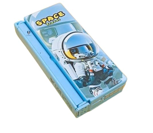 Pencil case featuring an astronaut illustration and 'SPACE Travel' text, with a foldable book stand function. www.usmile.toys