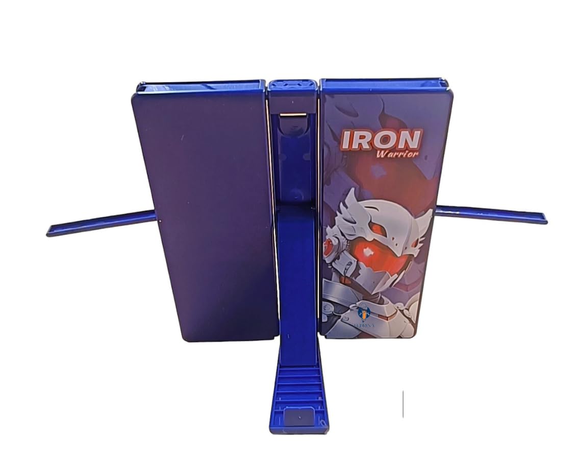 Blue pencil case for kids with a detailed robot illustration and 'Iron Warrior' text, featuring a foldable section that transforms into a book stand www.usmile.toys