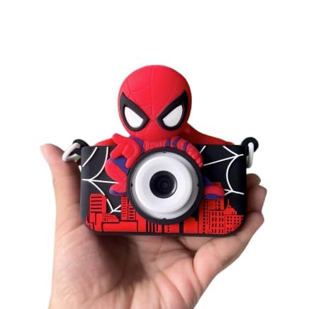 Red Spider-Man themed HD1080 digital camera for kids, displayed with its packaging, neck strap, and charging cable from Usmile Toys." www.usmile.toys