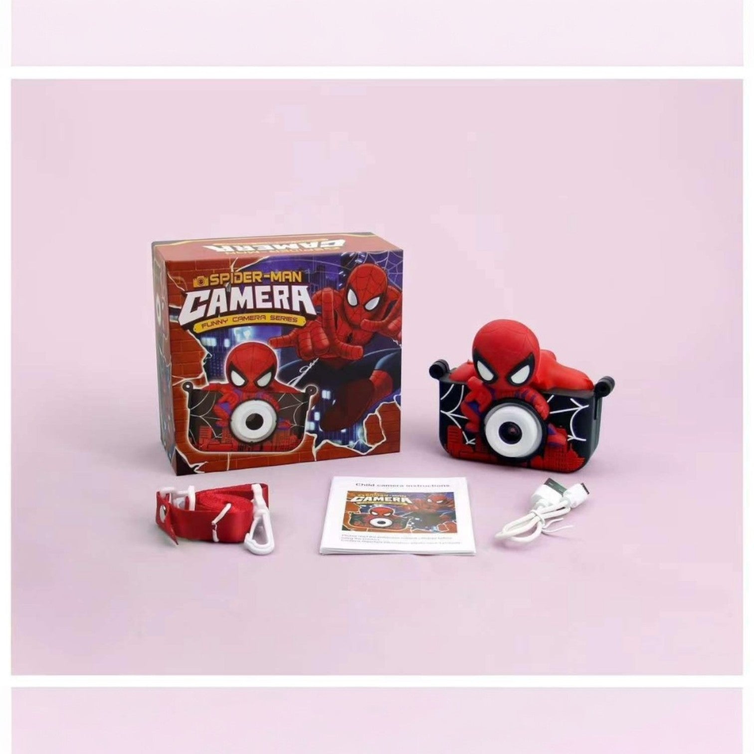Red Spider-Man themed HD1080 digital camera for kids, displayed with its packaging, neck strap, and charging cable from Usmile Toys." www.usmile.toys