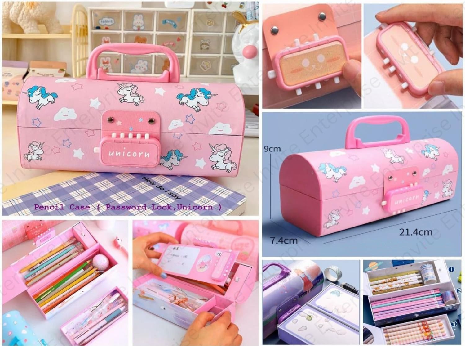 Pink suitcase-style pencil case with unicorn print and secure password lock, perfect for organizing stationery for kids. Includes a white board marker. Available at uSmile.toys." www.usmile.toys