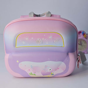 Pink and purple children's backpack with a cartoon design on a white background
