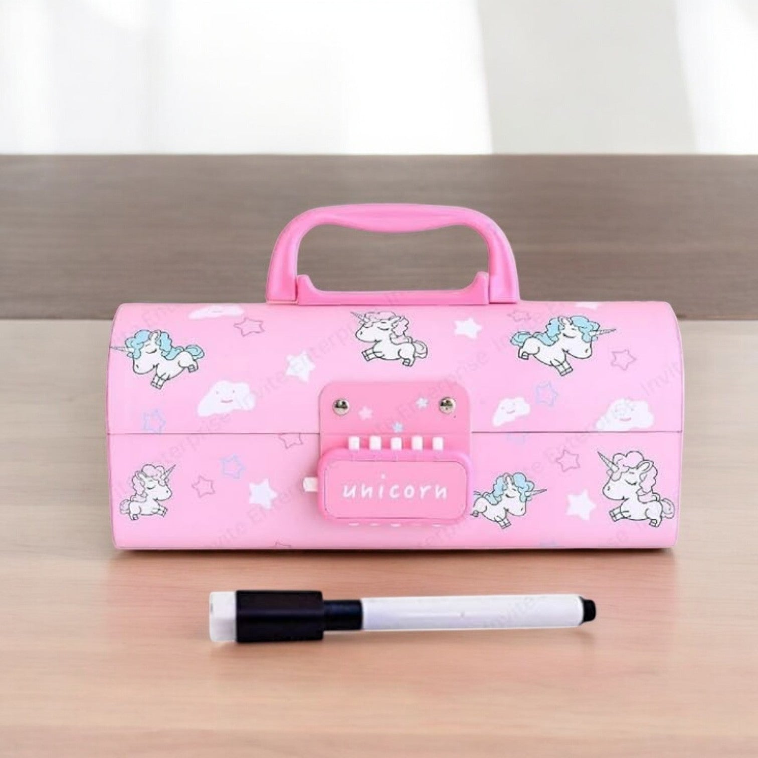 Pink suitcase-style pencil case with unicorn print and secure password lock, perfect for organizing stationery for kids. Includes a white board marker. Available at uSmile.toys." www.usmile.toys