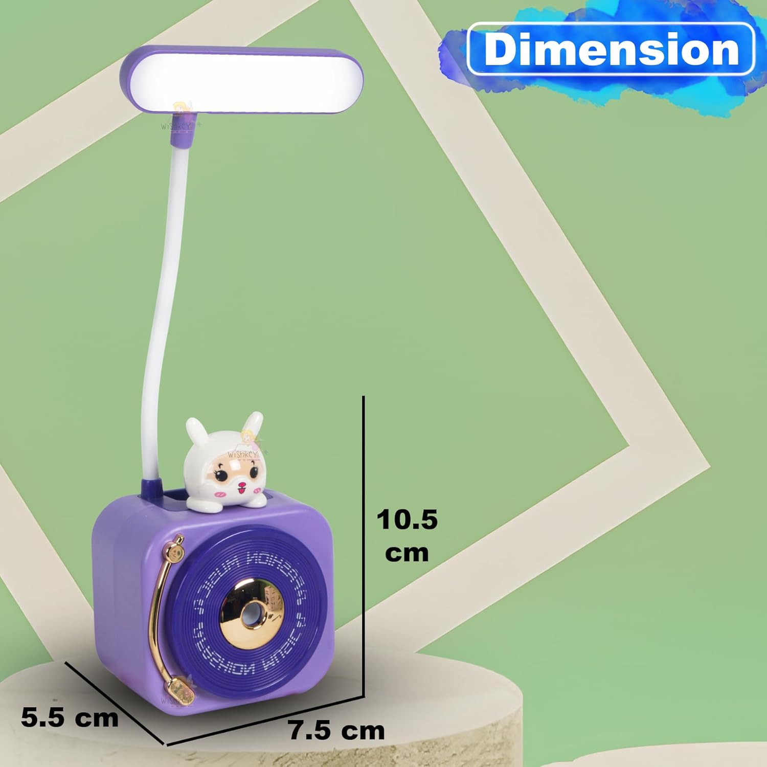 Usmile Toys 3-in-1 multi-functional LED desk lamp in a vibrant teal color, featuring a flexible gooseneck light, an integrated pencil sharpener, and a convenient pen holder with a cute little bunny charm. Ideal for kids' study desks, homework, and creative activities, promoting organization and bright illumination." www.usmile.toys