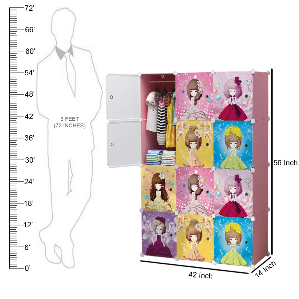 Pink plastic baby wardrobe collapsible storage rack with 12 cubes, featuring cartoon doll designs on doors and a hanging section. www.usmile.toys