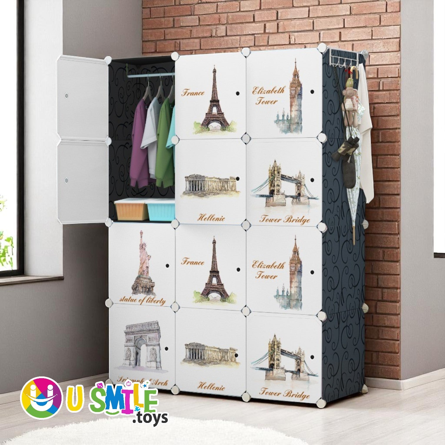 U Smile Toys children's modular closet (105x36x140 CM), ideal for organizing clothes and toys in a nursery or kid's room. www.usmile.toys