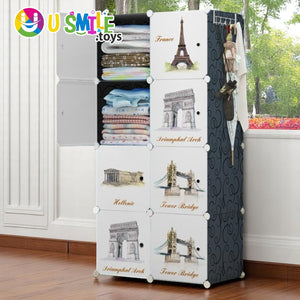 White and black plastic baby wardrobe collapsible storage rack with 8 cubes, featuring famous world monument designs like Eiffel Tower and Tower Bridge. www.usmile.toys