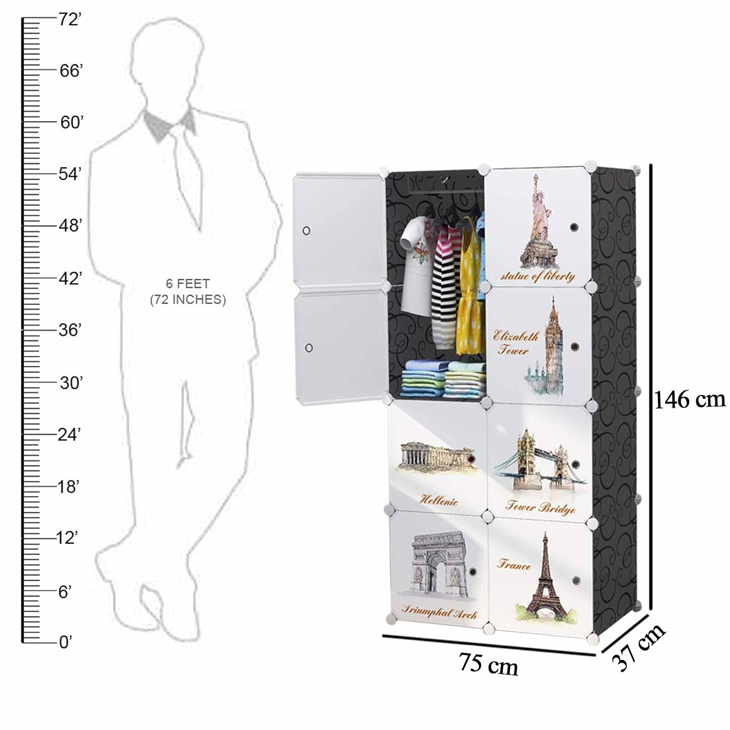 White and black plastic baby wardrobe collapsible storage rack with 8 cubes, featuring famous world monument designs like Eiffel Tower and Tower Bridge. www.usmile.toys