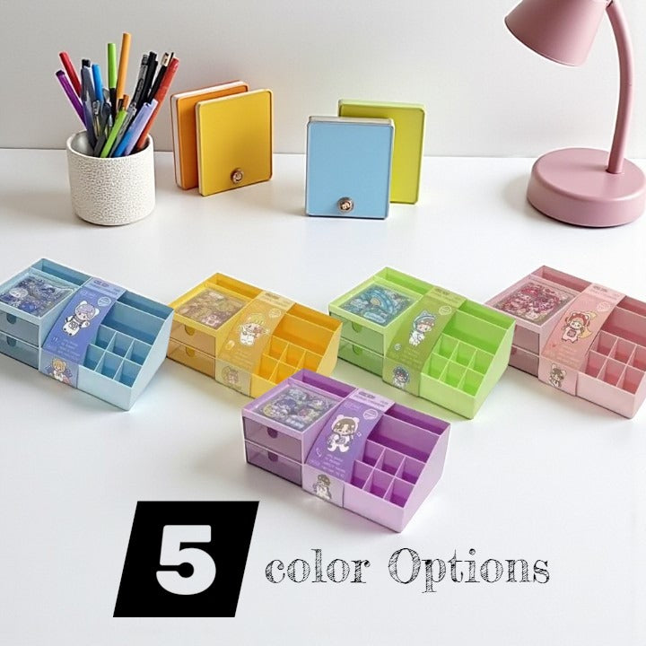 Colorful jewelry boxes on a white surface with a pink lamp . for stationary organize . www.usmile.toys