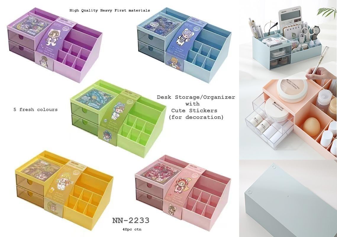 Colorful desk storage organizers with stickers on a white background